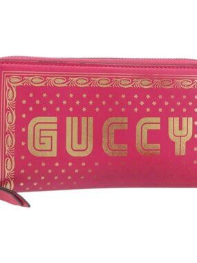 GUCCI GUCC Logo Zip Around Wallet Leather Pink Silver